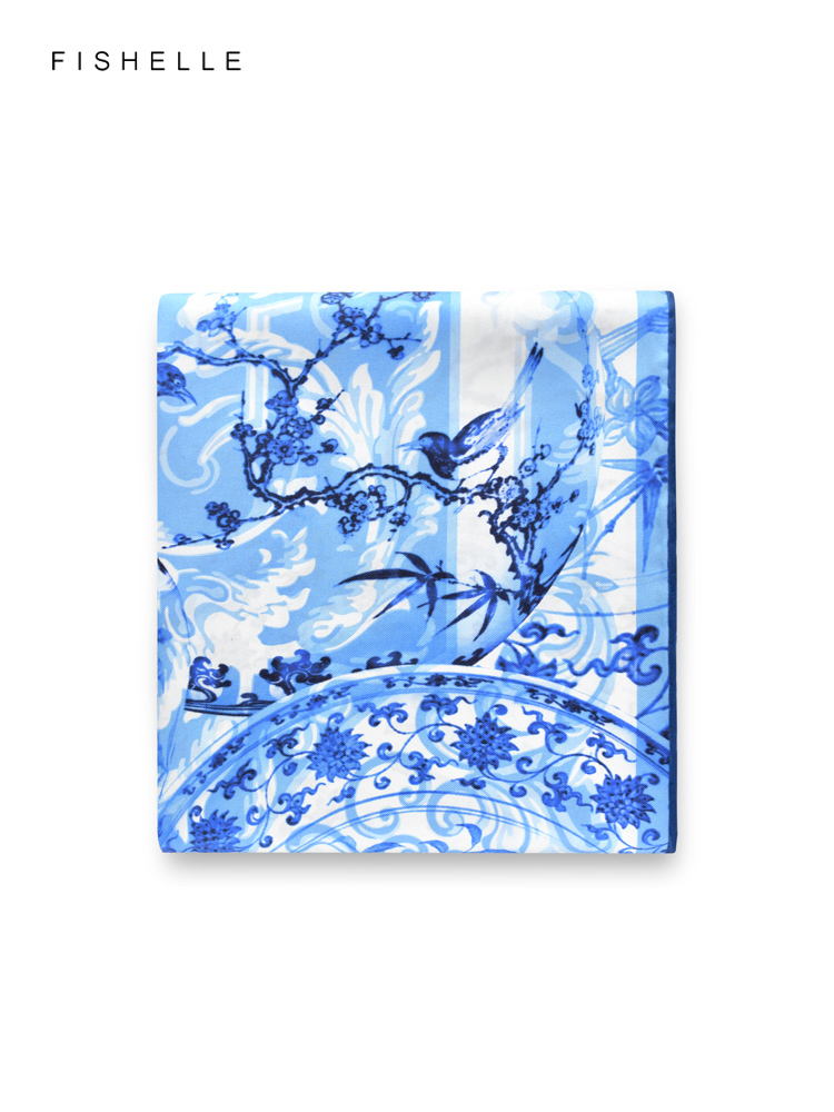 Silk Scarf Square - 블루 플라워 버드 100% 천연 실크