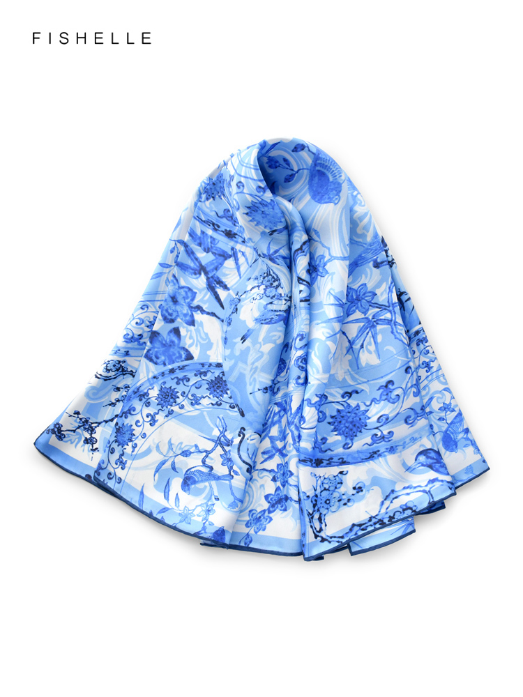 블루 플라워 버드 100% 천연 실크 스카프 스퀘어 헤 - Silk Scarf Square 리뷰 및 가격
