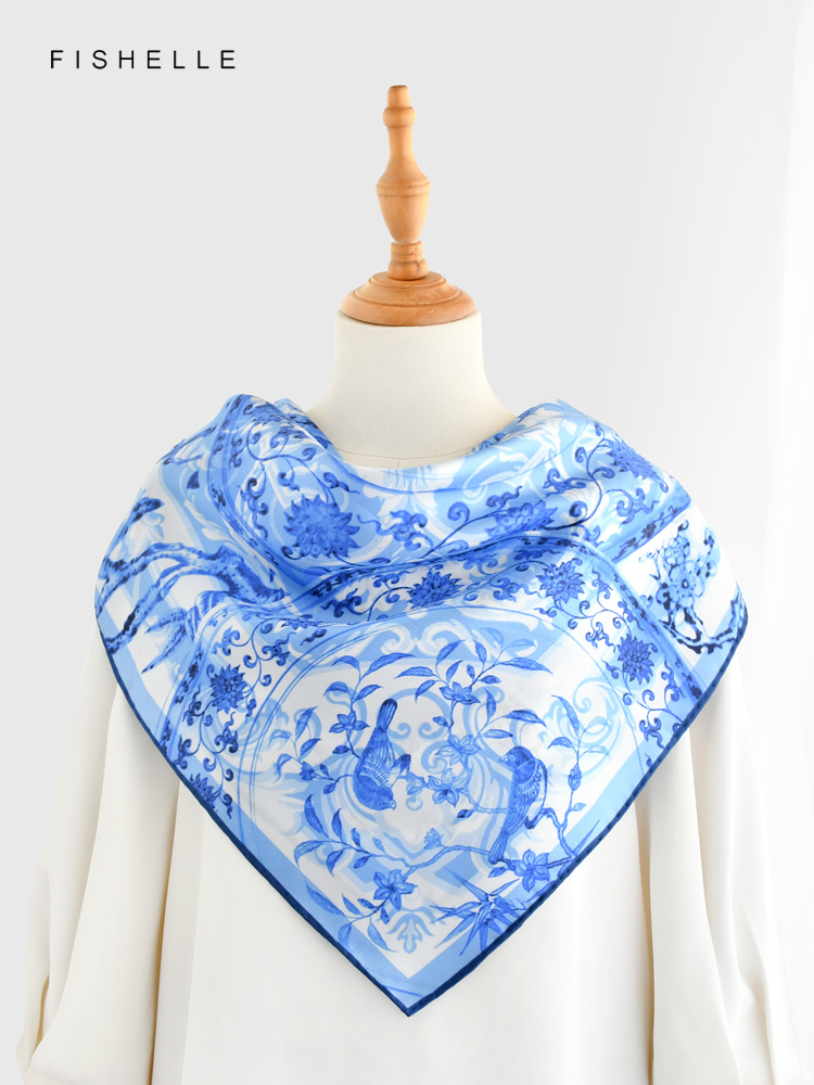블루 플라워 버드 100% 천연 실크 스카프 스퀘어 헤 - Silk Scarf Square 리뷰 및 가격